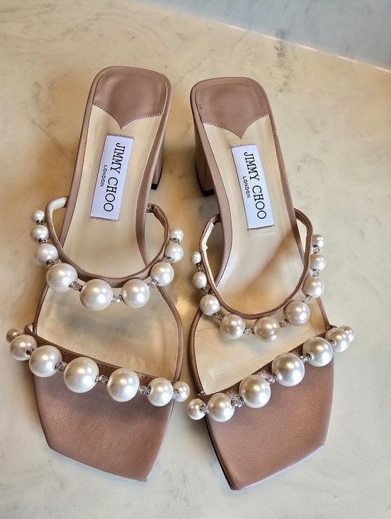 Jimmy Choo Shoes - Jimmy Choo Amara Beige Pearl Embellished Slide Sandal Size 39